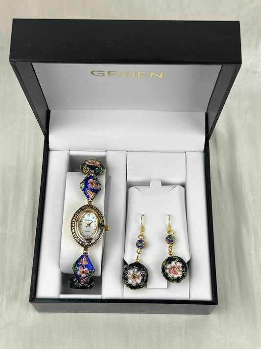 Vintage Gruen Cloisonne Watch & Earrings